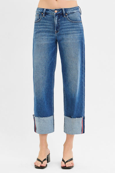 Tummy Control Mid Rise Crop Wide Cuffed Jeans