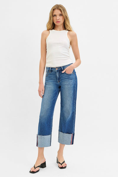Tummy Control Mid Rise Crop Wide Cuffed Jeans