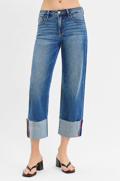 Tummy Control Mid Rise Crop Wide Cuffed Jeans