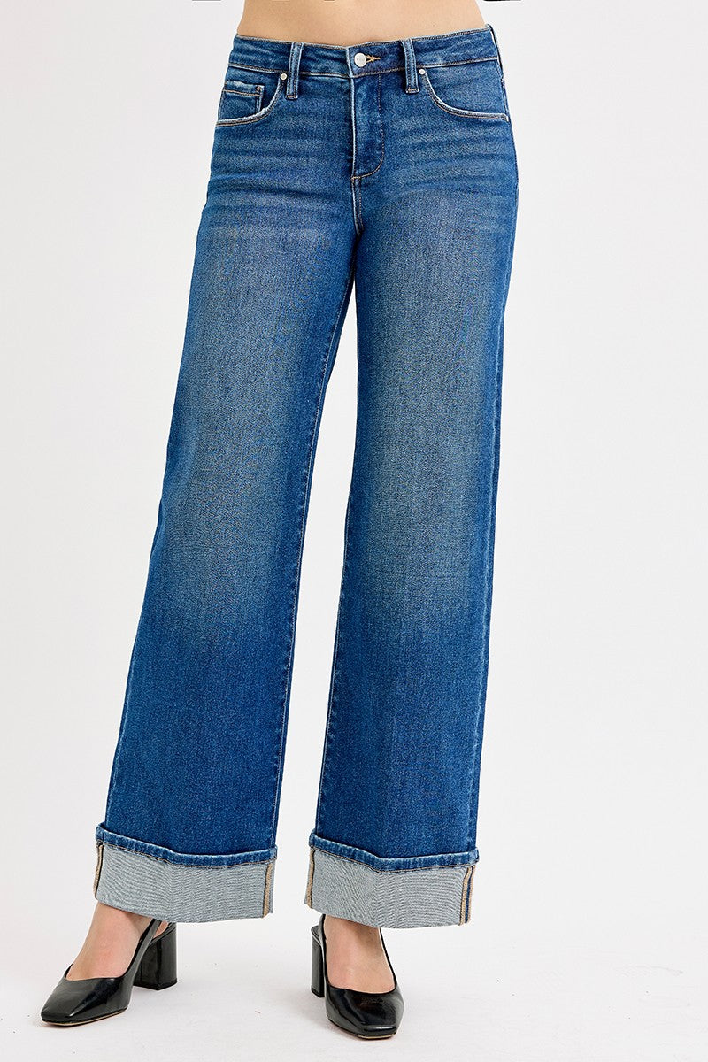 Tummy Control Mid Rise Wide Cuffed Jeans