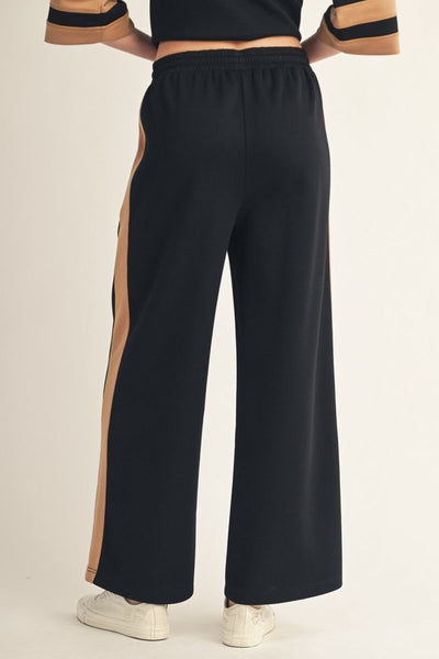 back view of person wearing black pants with beige side stripe and tennis shoes