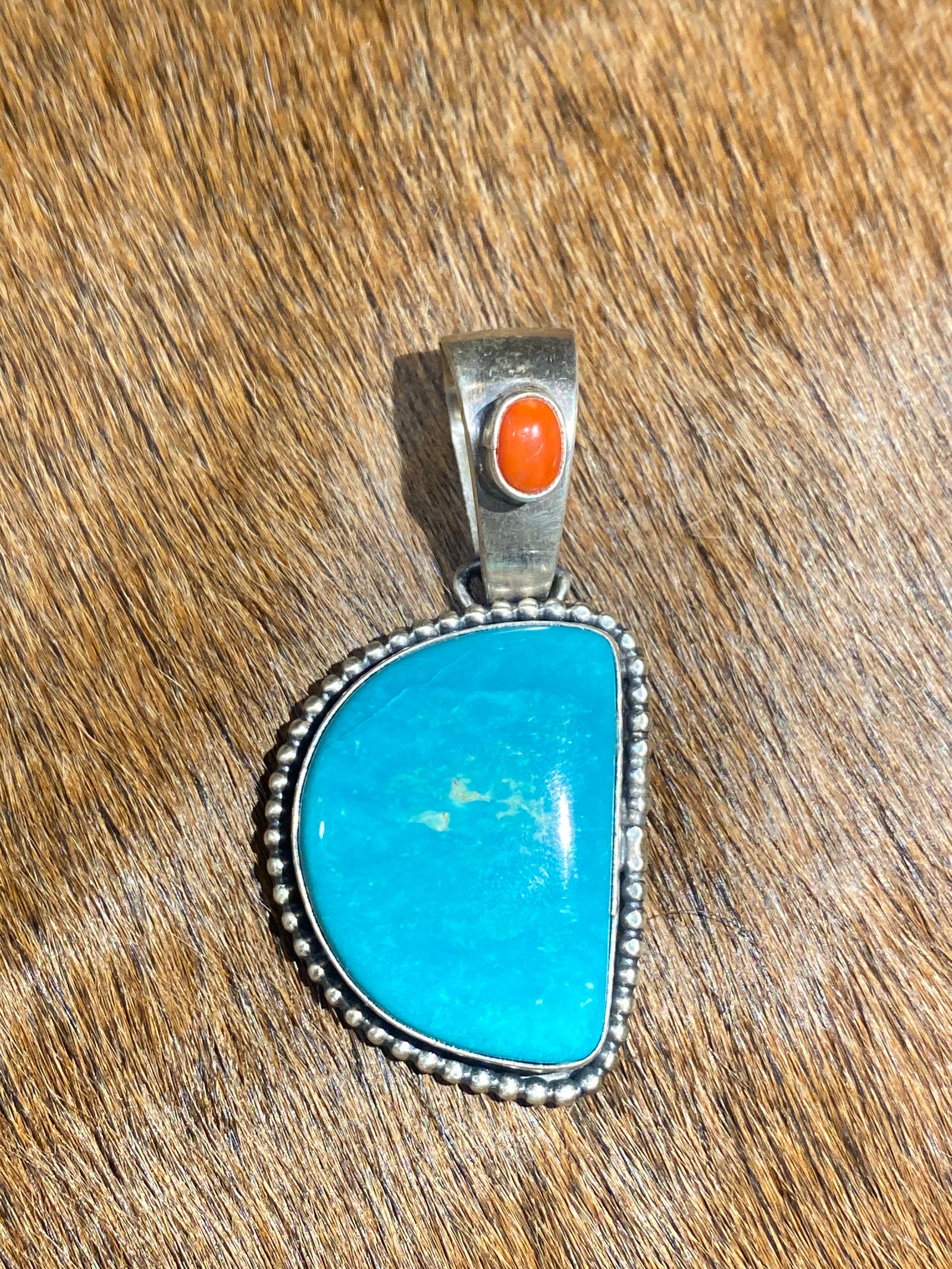 Caribou Dot Framed Half Circle Turquoise Sterling Pendant With Red Spiny Bale Accent