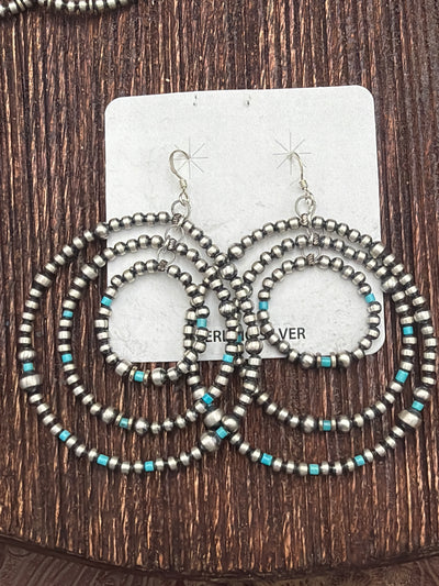 Gwynn Triple Linked Navajo Hoop Earrings with Turquoise Accents - 3"