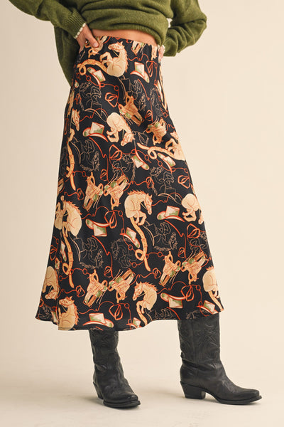 Western Print Satin Midi Slip Skirt