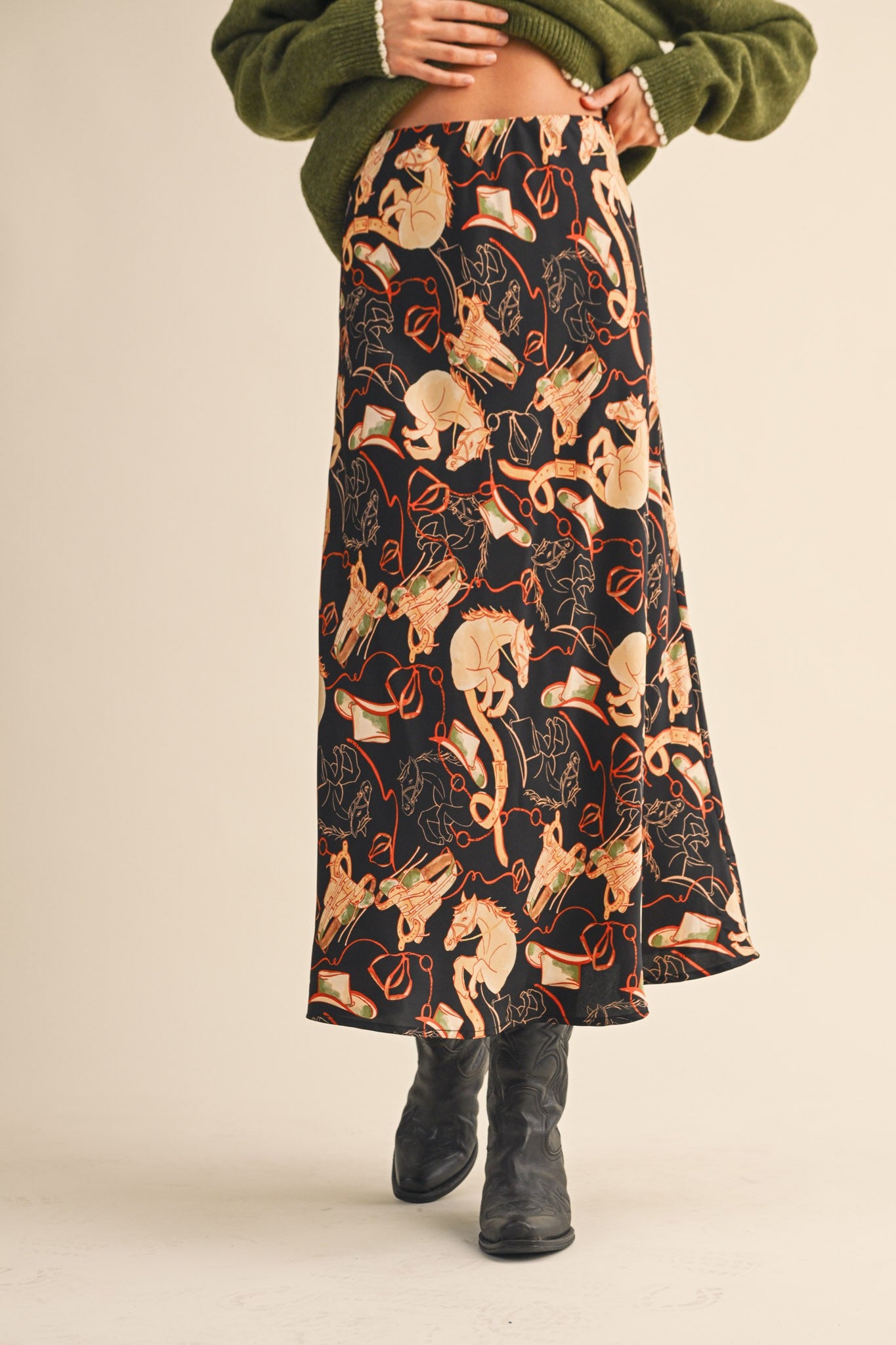 Western Print Satin Midi Slip Skirt