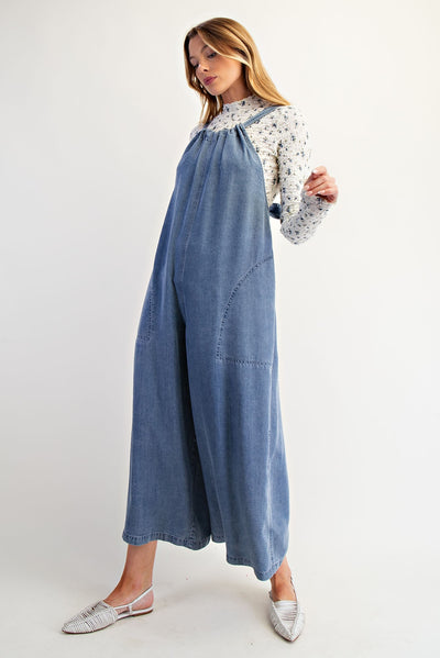 Wide Legs Washed Denim Overalls