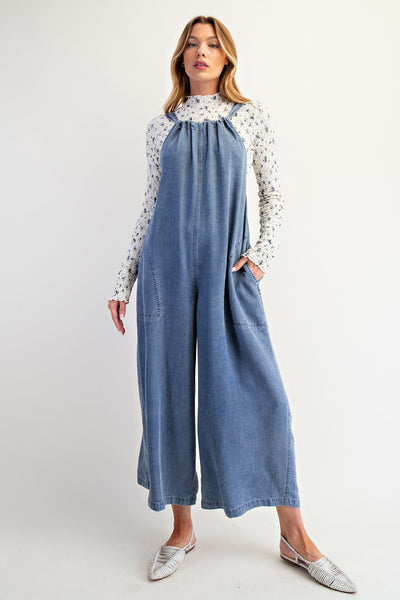 Wide Legs Washed Denim Overalls