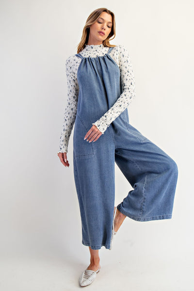 Wide Legs Washed Denim Overalls