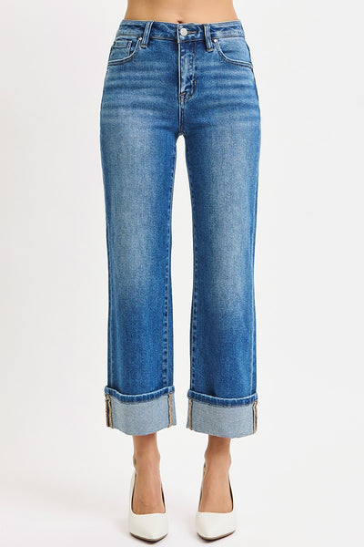Risen Mid Rise Crop Straight Cuffed Jeans