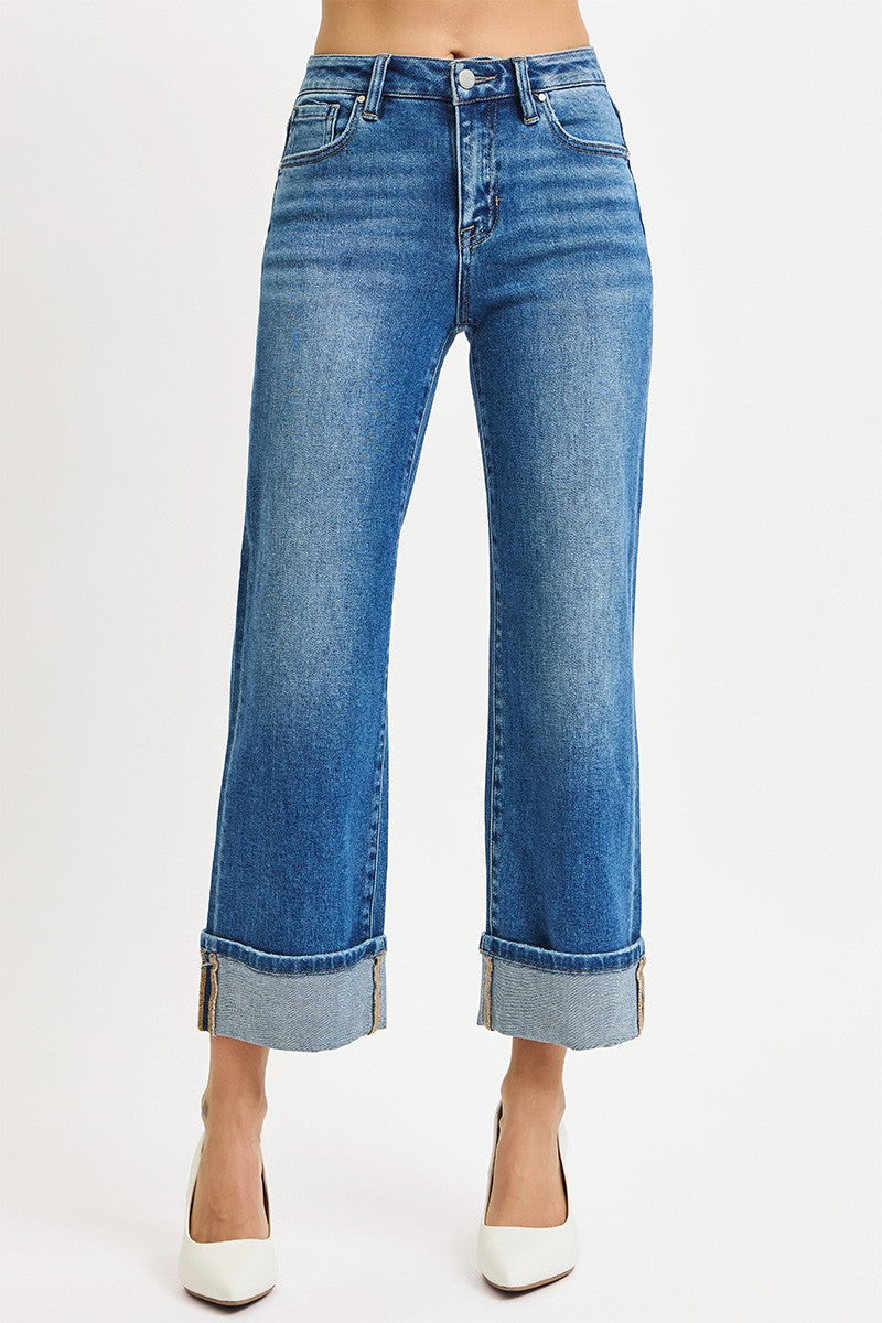 Risen Mid Rise Crop Straight Cuffed Jeans