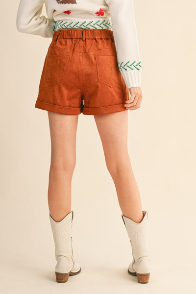 Faux Suede Shorts With Cuffed Hem