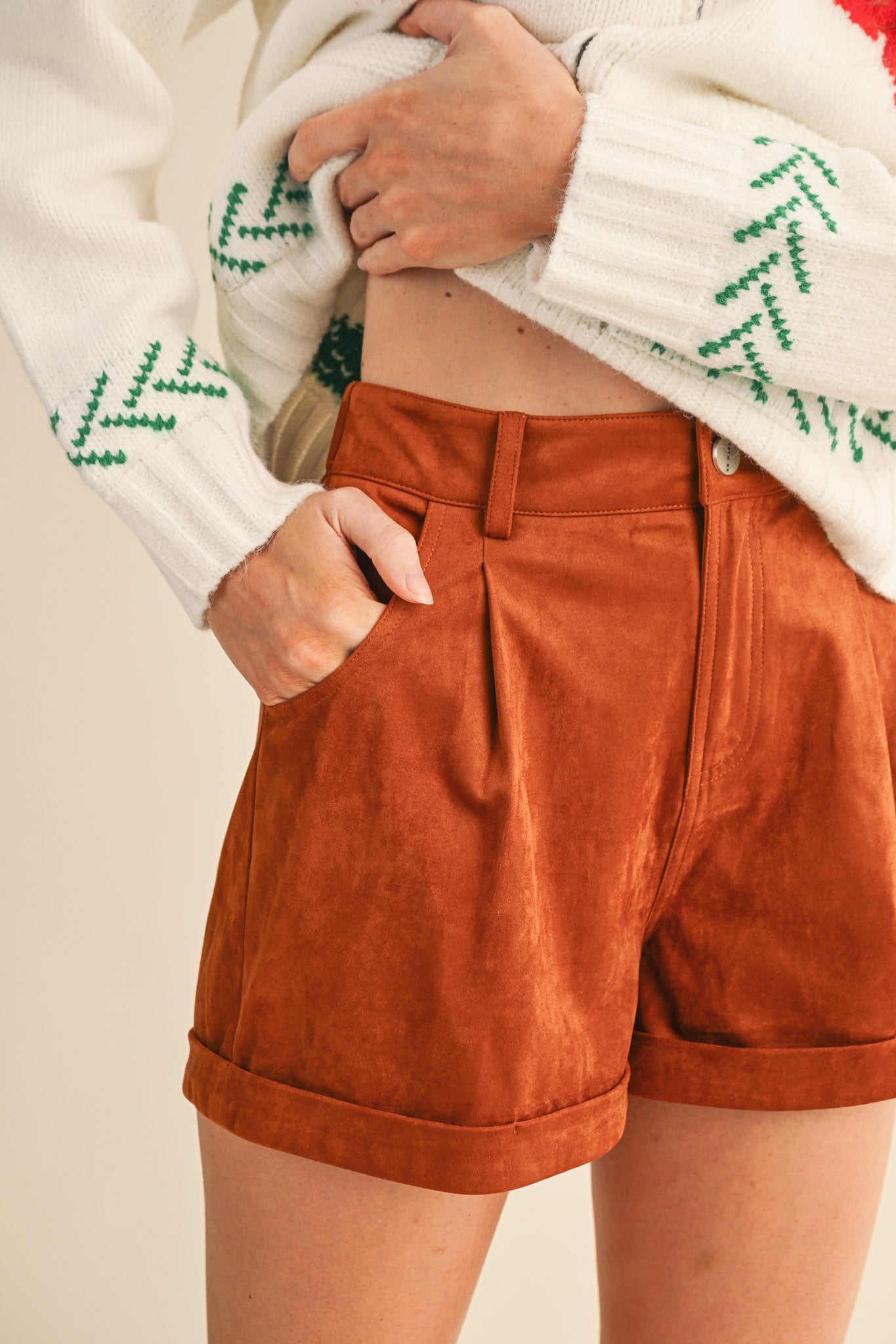 Faux Suede Shorts With Cuffed Hem