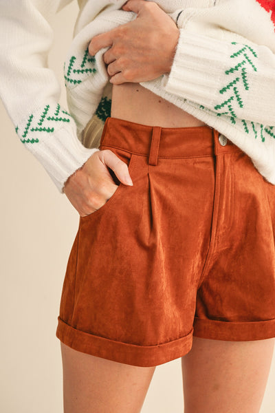 Faux Suede Shorts With Cuffed Hem