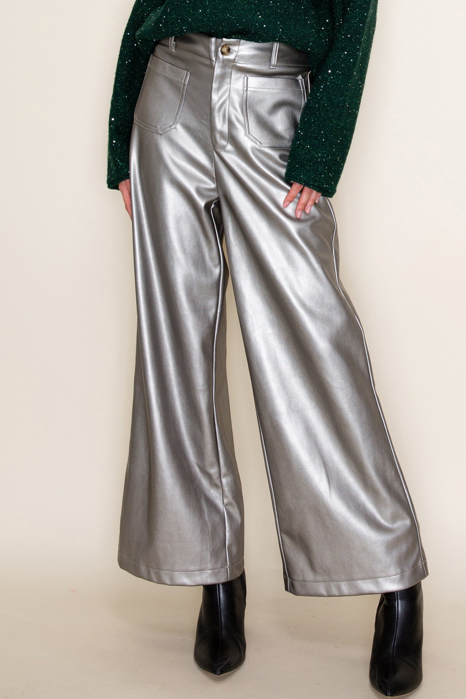 Metallic Grey Wide Leg Pants