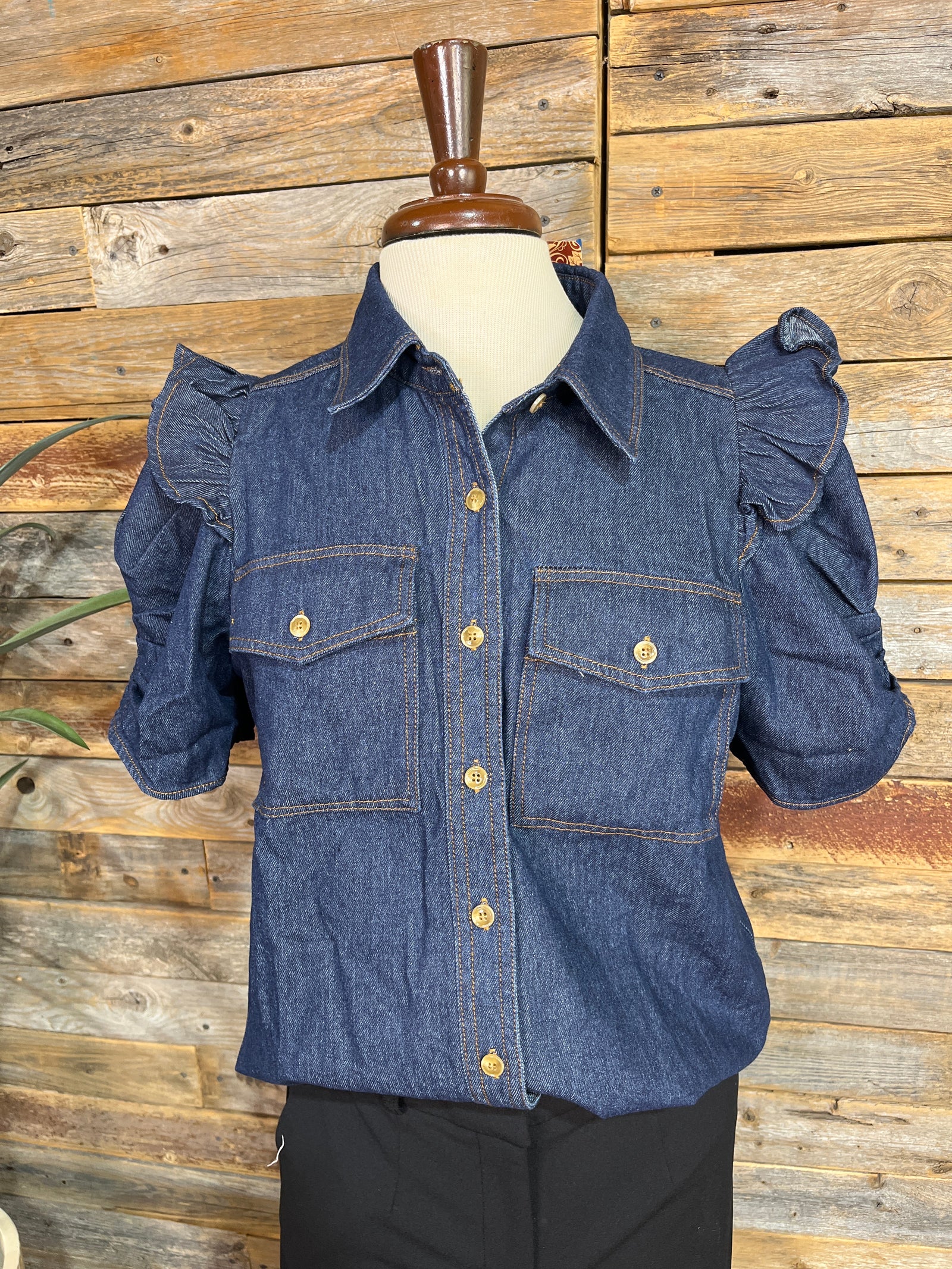 Matty Dark Denim Ruffle Puff Sleeve Blouse