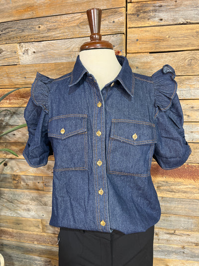 Matty Dark Denim Ruffle Puff Sleeve Blouse