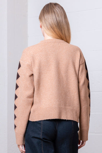 Person wearing a beige sweater with black geometric patterns on sleeves against a white background