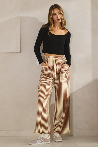 Striped Elastic Waist Pocket String Pants