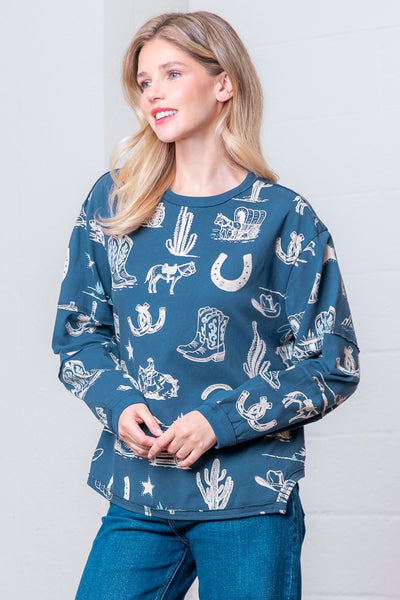 Western Printed Round Neck Long Sleeve Top