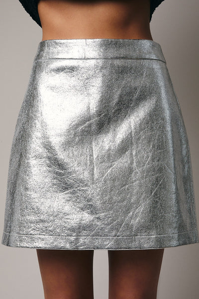 Silver metallic skirt on a neutral background