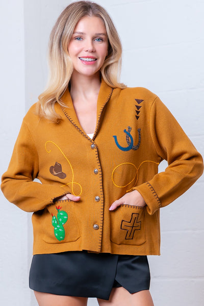 Shawl Collar Western Embroidery Cardigan