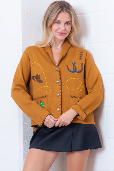 Shawl Collar Western Embroidery Cardigan