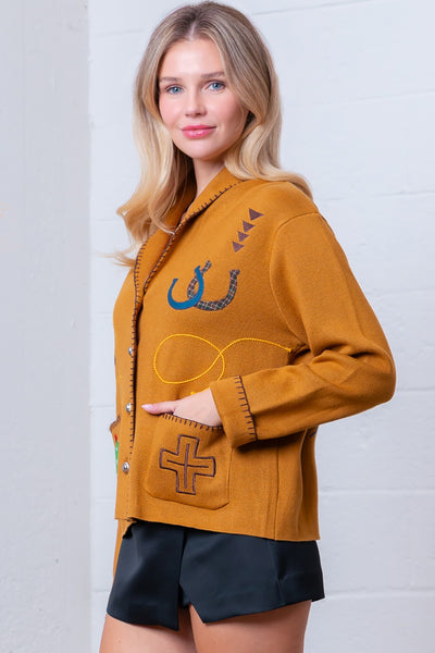 Shawl Collar Western Embroidery Cardigan