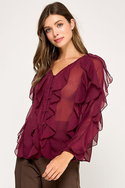 Semi Sheer V-neck Ruffle Long Sleeve Top