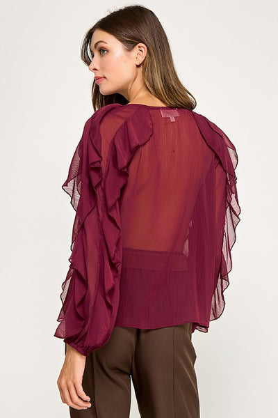 Semi Sheer V-neck Ruffle Long Sleeve Top