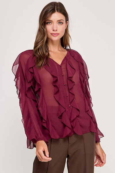 Semi Sheer V-neck Ruffle Long Sleeve Top