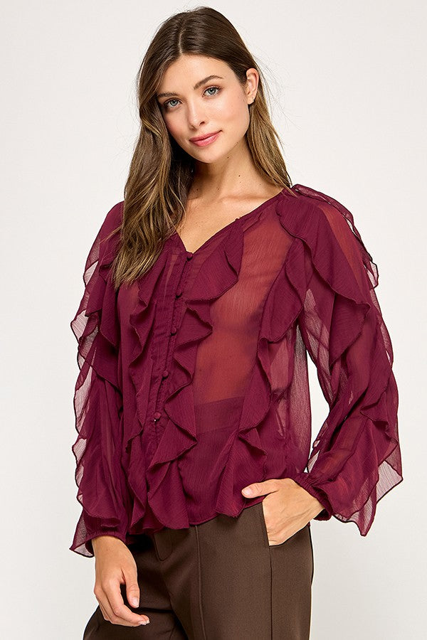 Semi Sheer V-neck Ruffle Long Sleeve Top