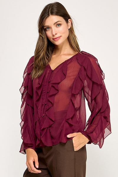 Semi Sheer V-neck Ruffle Long Sleeve Top