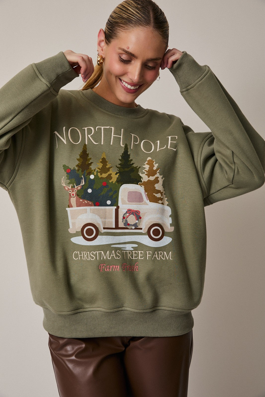 Mary Round Neck 'North Pole' Graphic Fleece Sweatshirt