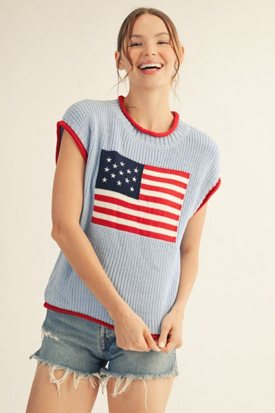Callie Jo American Flag Cap Sleeve Sweater Vest Top