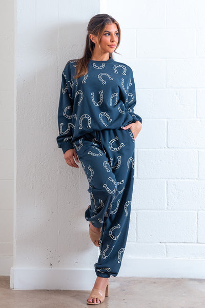 Navy Horseshoe Sweatshirt & Long Pants