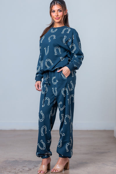 Navy Horseshoe Sweatshirt & Long Pants