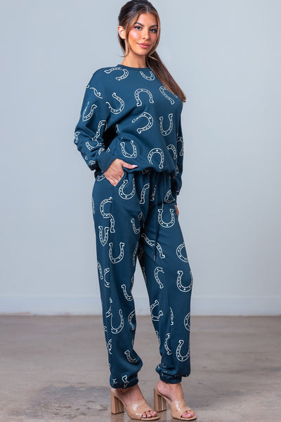 Navy Horseshoe Sweatshirt & Long Pants