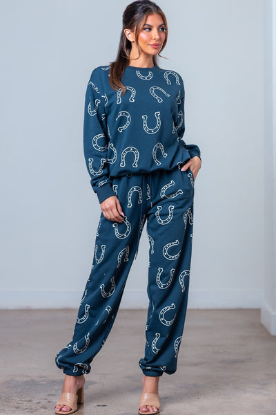 Navy Horseshoe Sweatshirt & Long Pants