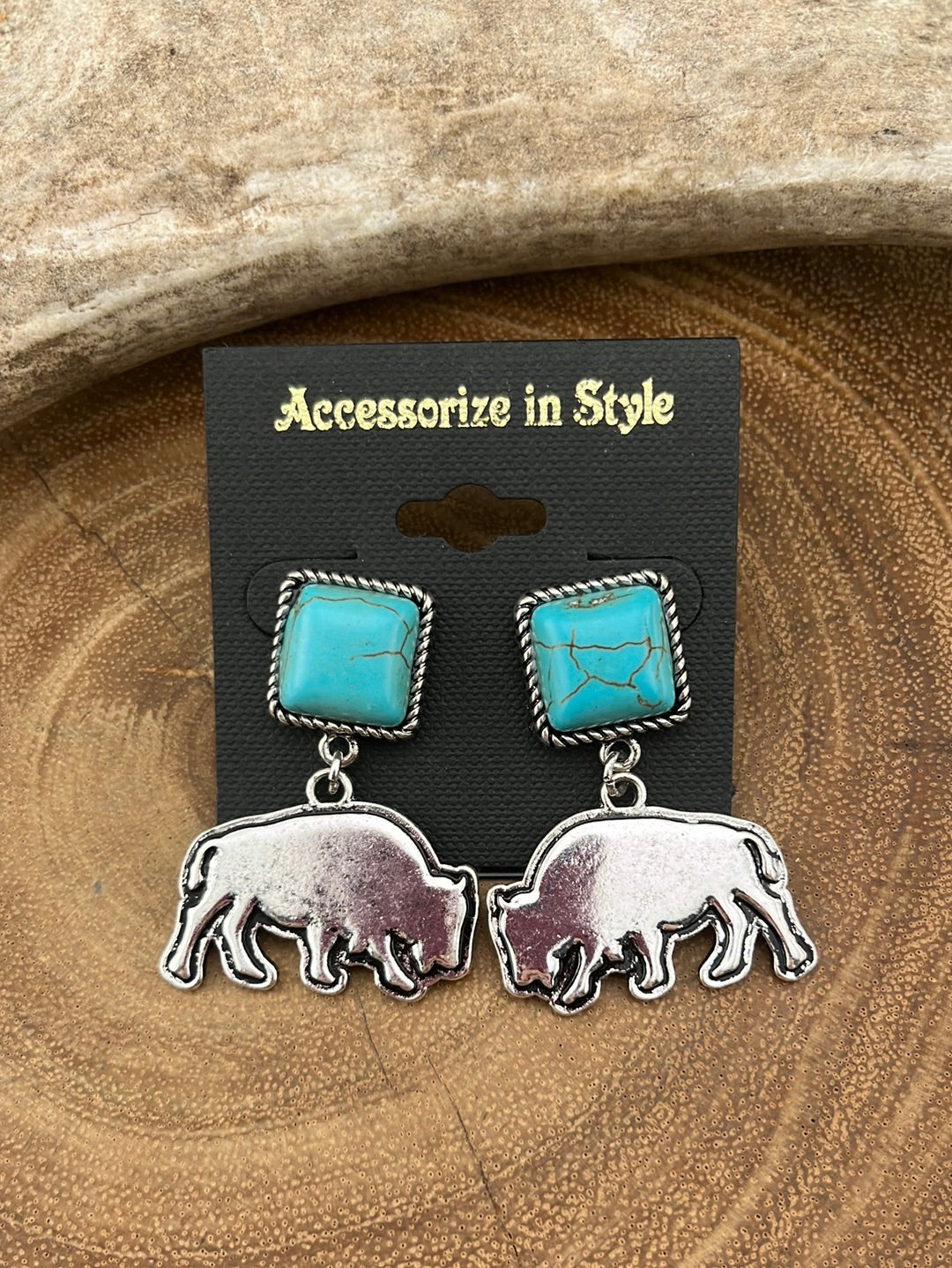 Square Stone Post Buffalo Drop Earrings - Turquoise