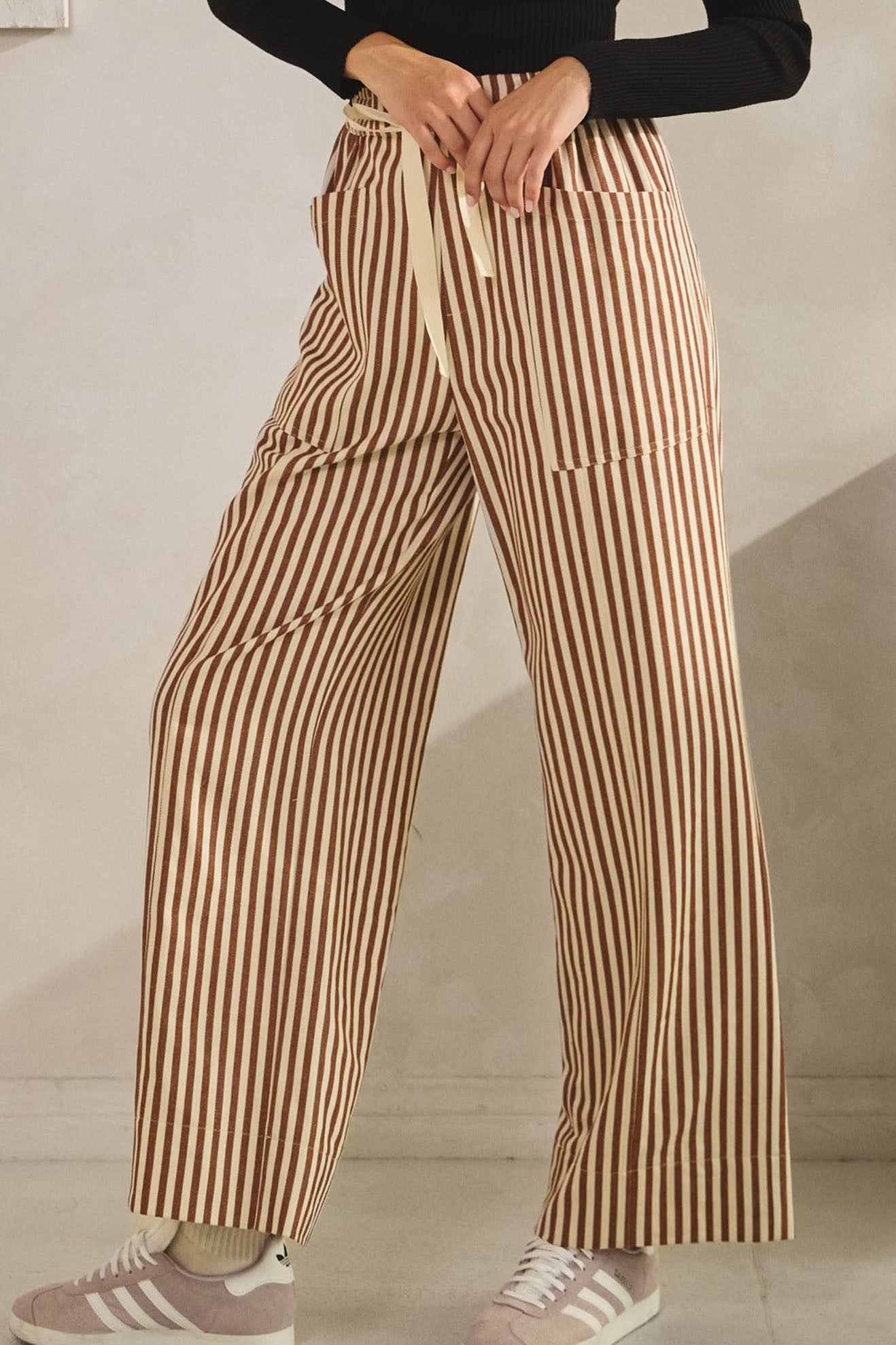 Striped Elastic Waist Pocket String Pants