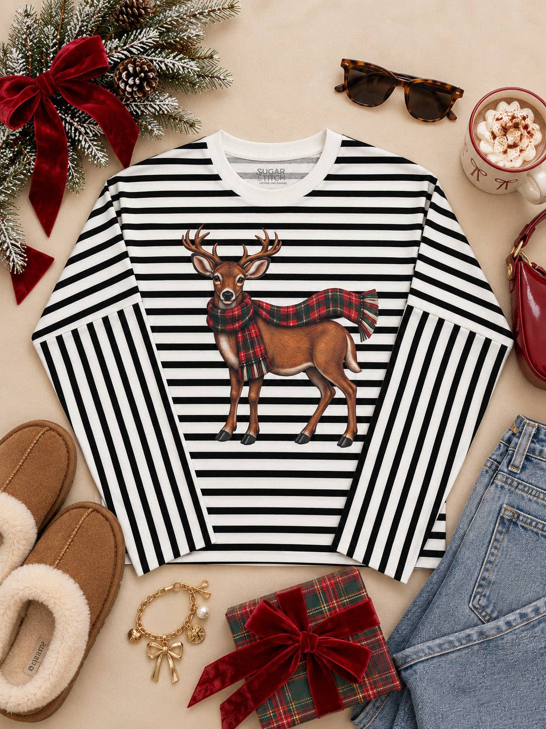 Deer Plaid Scarf Striped Edgy Long Sleeve Graphic Shirt
