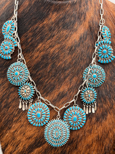 Fortega Sterling Link Chain Turquoise Cluster Charm Necklace - 22"