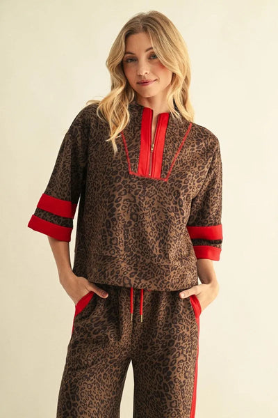 Abrava Half Sleeve Leopard Zip Pullover