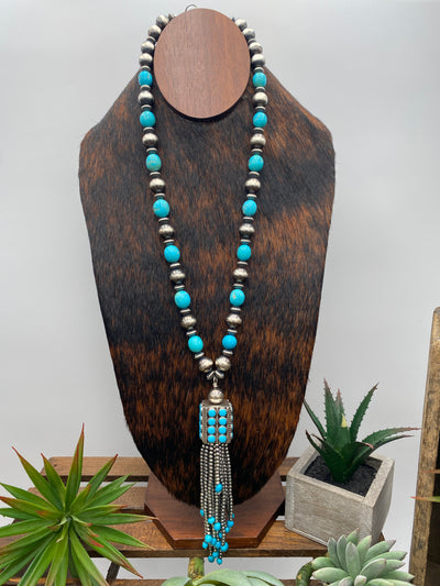 Hepburn Stunning Silver & Turquoise Tassel Necklace - 26"