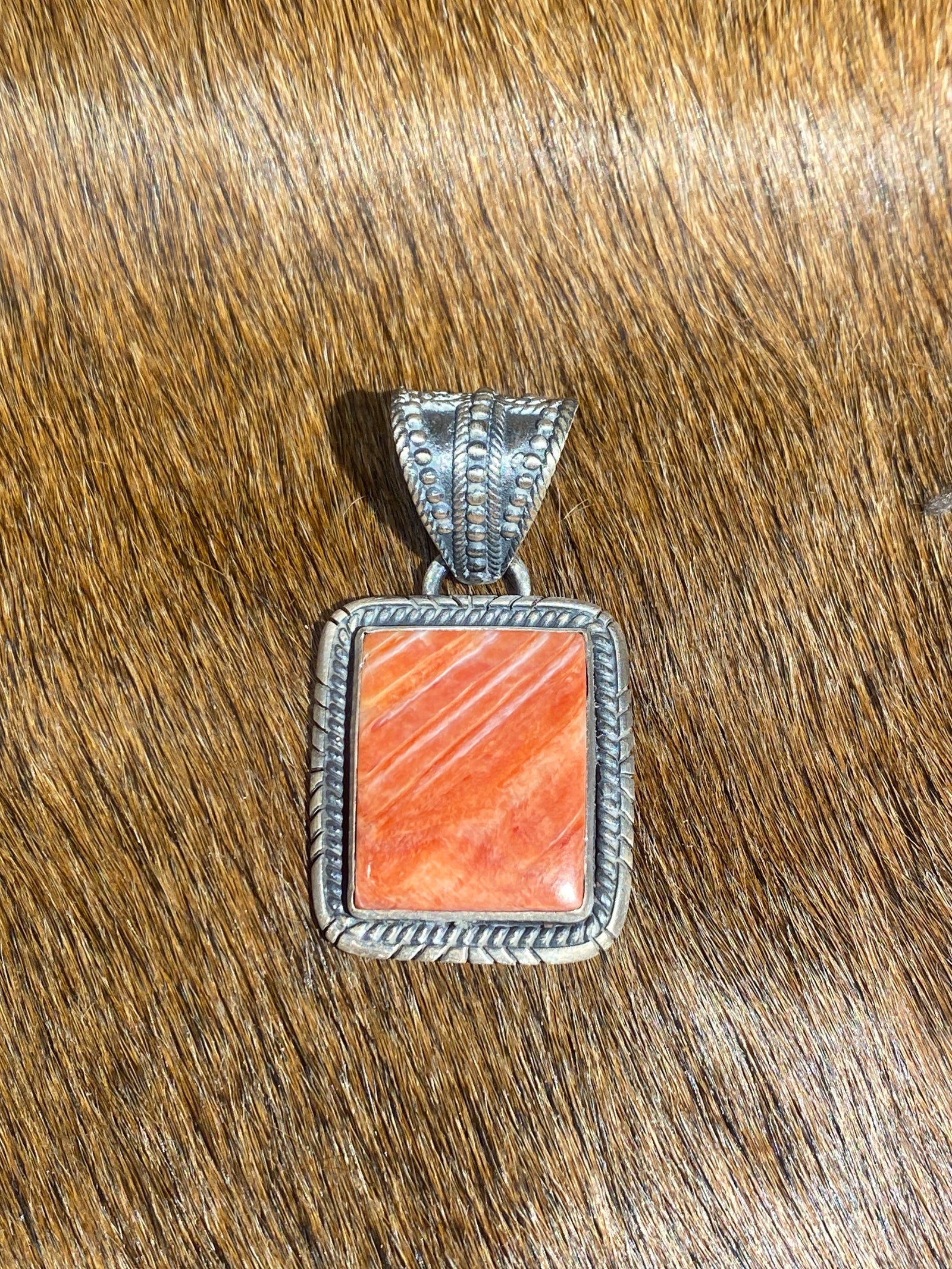 Ember Stamped Bale Notched Sterling Rectangle Pendant - Red Spiny