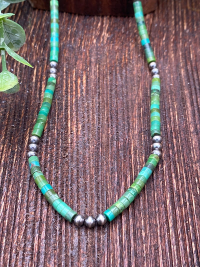 Balinese Green Turquoise Heishi Necklace With 3mm Navajo Pearl Accents - 18"