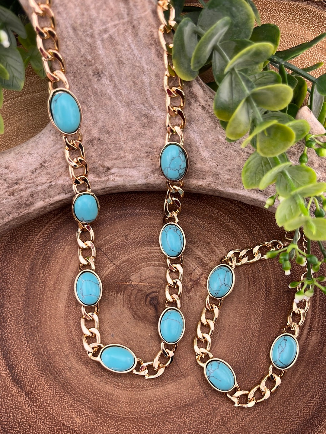 Fashion Gold Link Necklace & Bracelet With Oval Stones - Turquoise