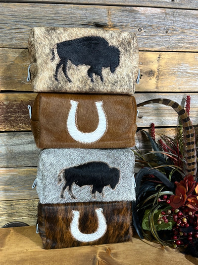 Cowhide Buffalo & Horseshoe Make Up Bags