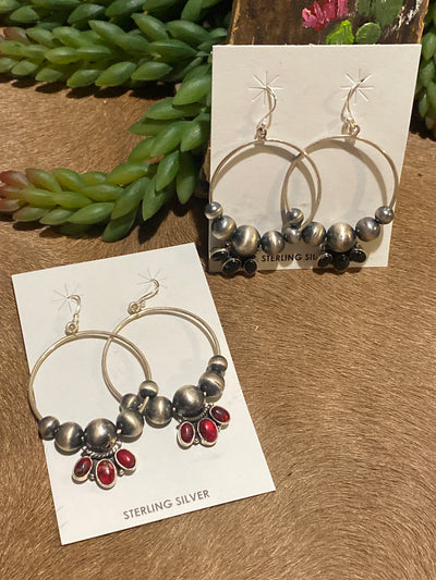 Hada Collection Sterling Wire Hoop Earrings With Navajo Pearls & Stones
