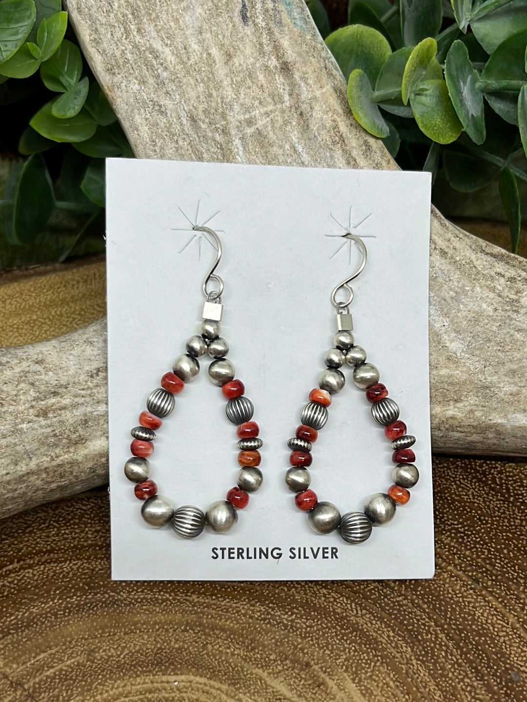 Venice Red Spiny Oyster & Sterling Bead Teardrop Fish Hook Earrings - 2"